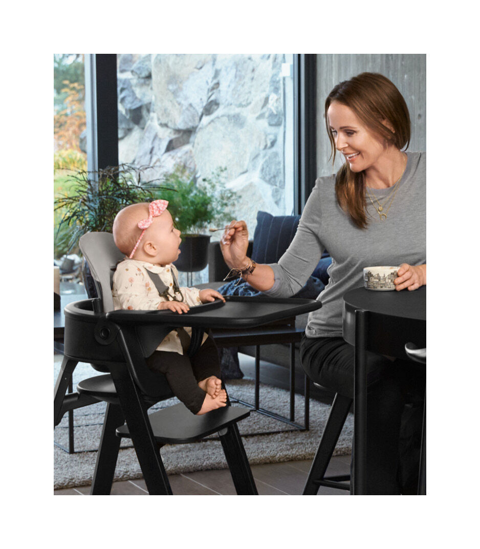 Stokke® Steps™ Beech Black with Baby Set, Baby Set Cushion and Tray Black.